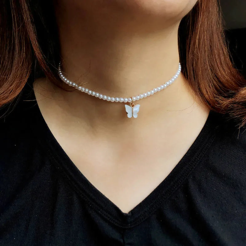 Butterfly Pearl Choker Necklace