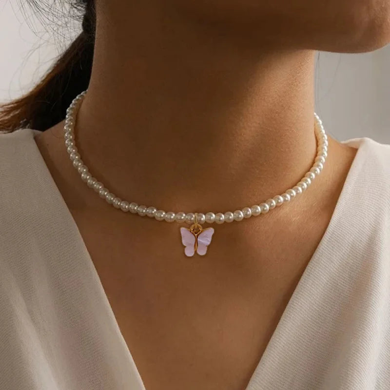Butterfly Pearl Choker Necklace